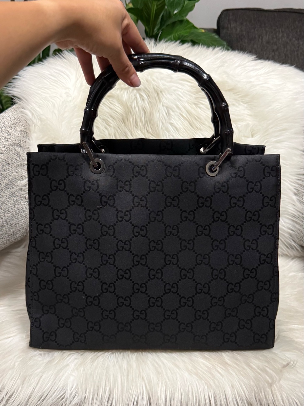 Authentic Gucci Black GG Pattern Bamboo-Handle Tote